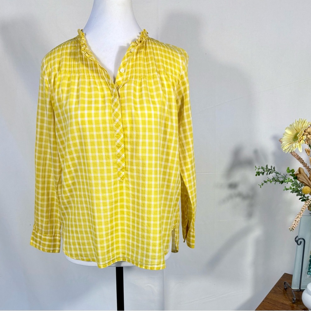 J.Crew Pintuck Yellow Gingham Blouse Ruffle Neck Long Sleeve Sz 2P💛 - Picture 11 of 11